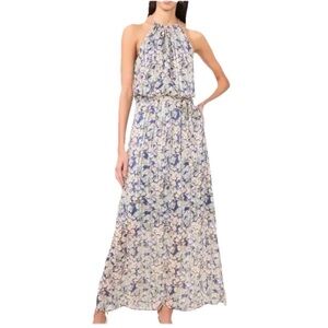 HALOGEN Curb Chain Detail Metallic Floral Maxi Dress Size S Sleeveless Halter